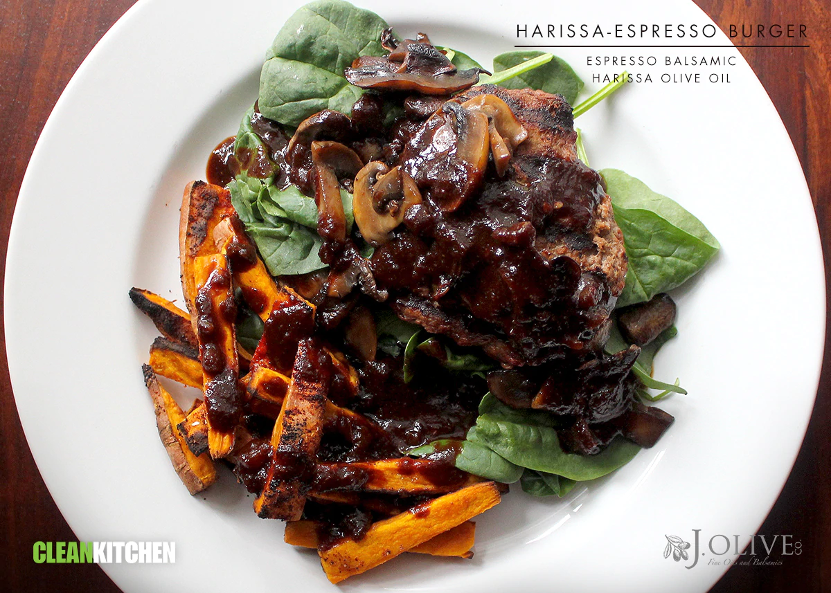 Harissa-Espresso Burgers with Mushrooms and Sweet Potato fries