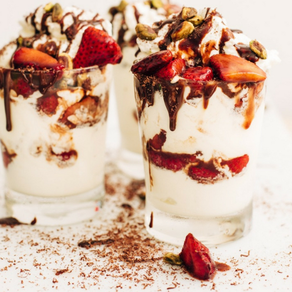 Balsamic Strawberry Sundae with Homemade Whipped Cream, Chocolate Sauce & Roasted Pistachios