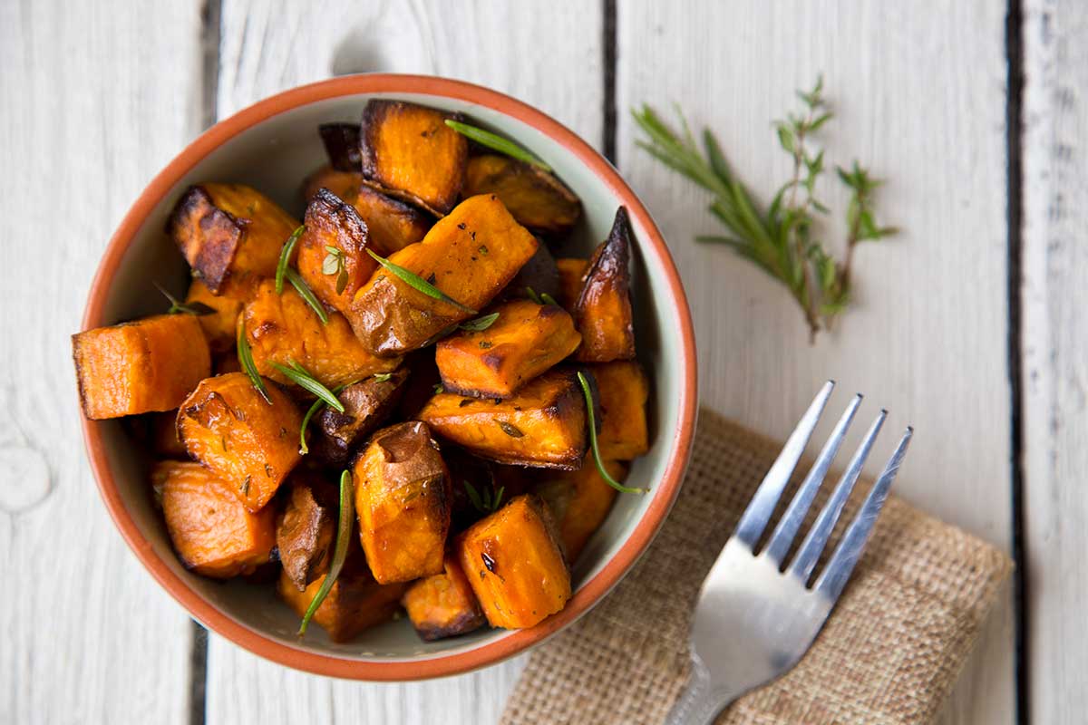 Rosemary Roasted Sweet Potatoes + Blueberry Balsamic Glaze