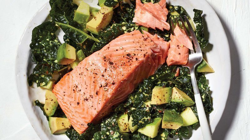 Kale Salad With Poached Salmon, Apple, and Avocado