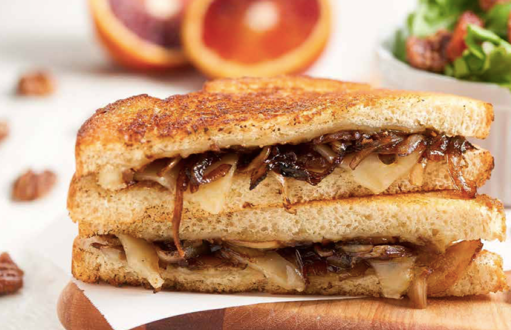 French Onion Grilled Cheese with Blood Orange and Pecan Salad