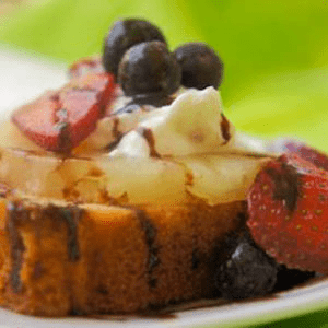 Grilled Pound Cake with Dark Chocolate Balsamic and Fresh Fruit