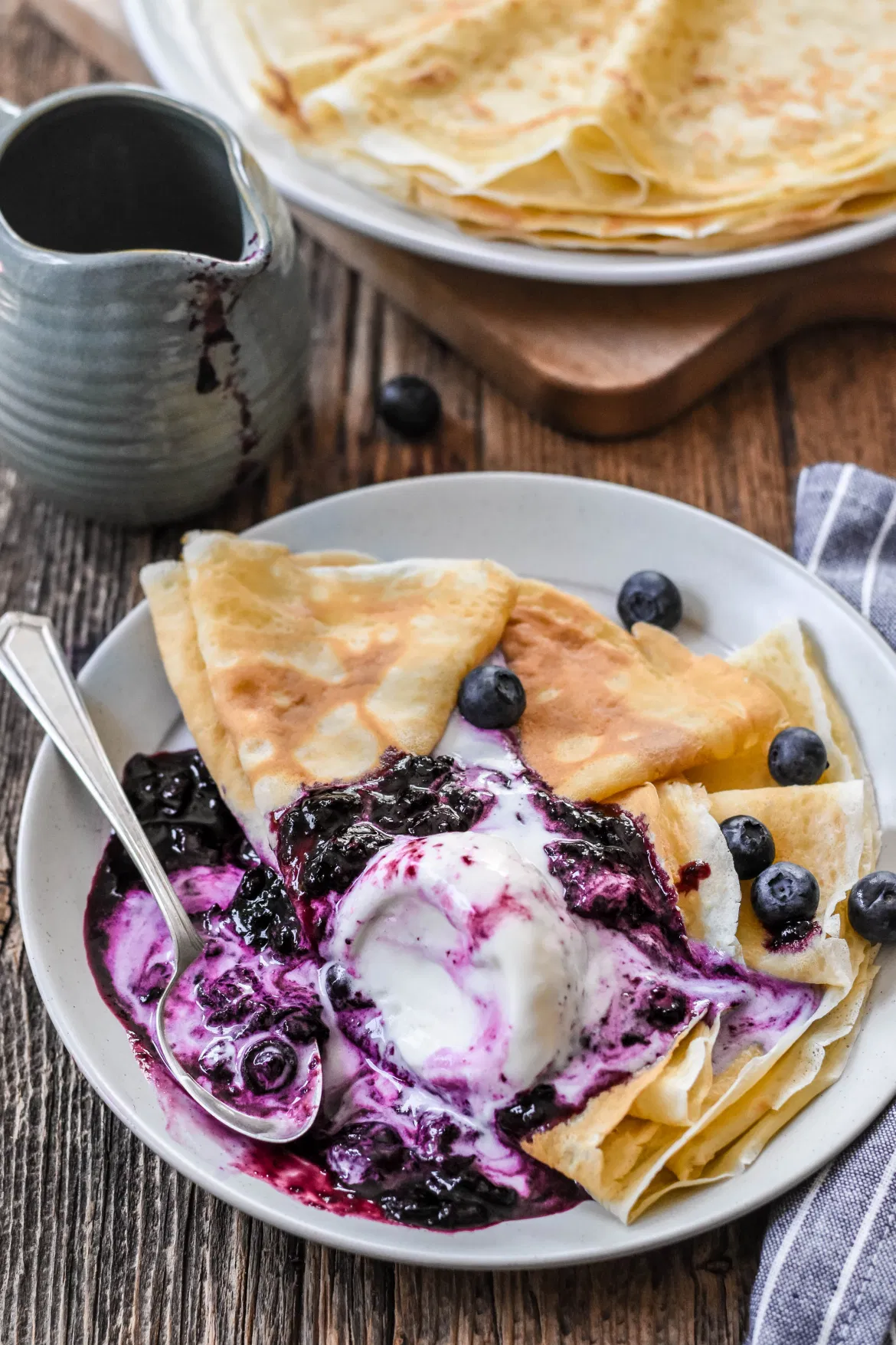 Crêpes with Blueberry Balsamic Sauce and Vanilla Ice Cream