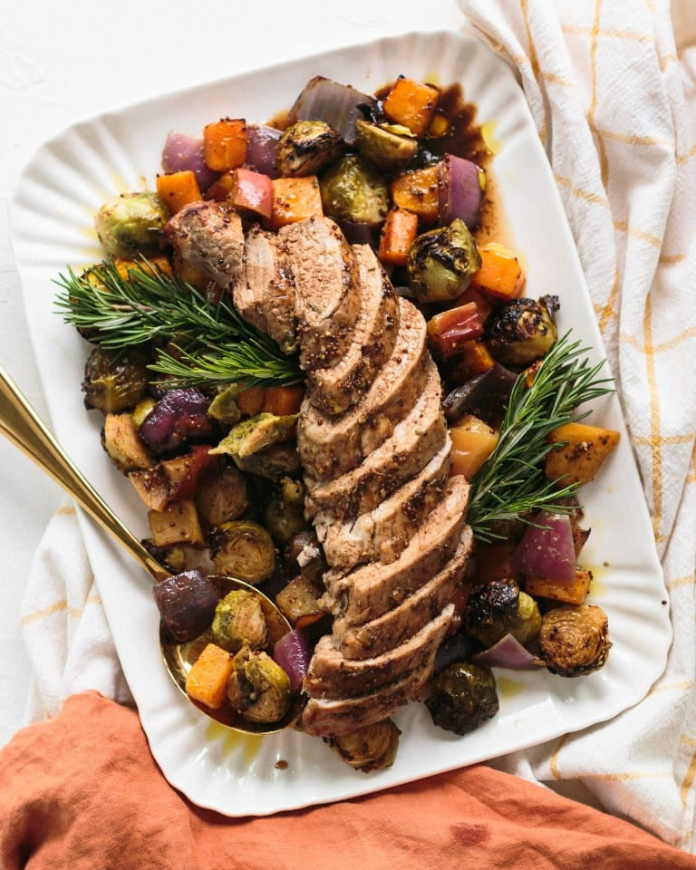 Balsamic Pork Tenderloin with Roasted Brussels Sprouts, Butternut Squash, & Apples