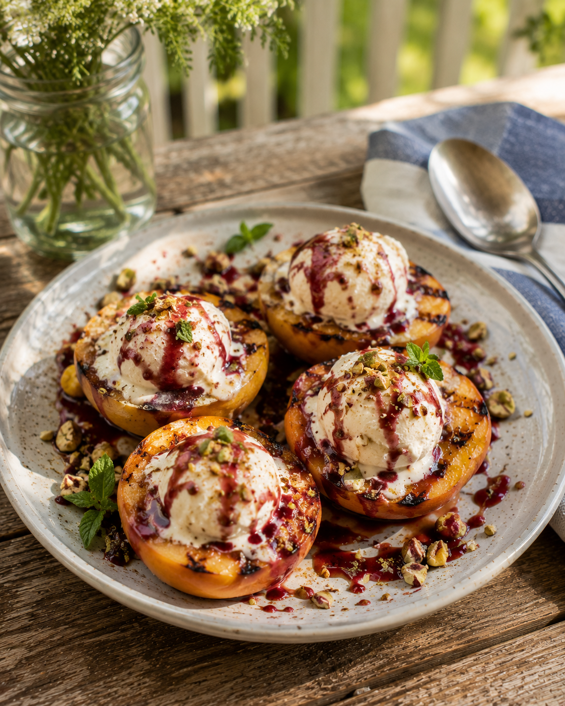 Grilled Peaches with Vanilla Ice Cream & Raspberry Citrus Drizzle