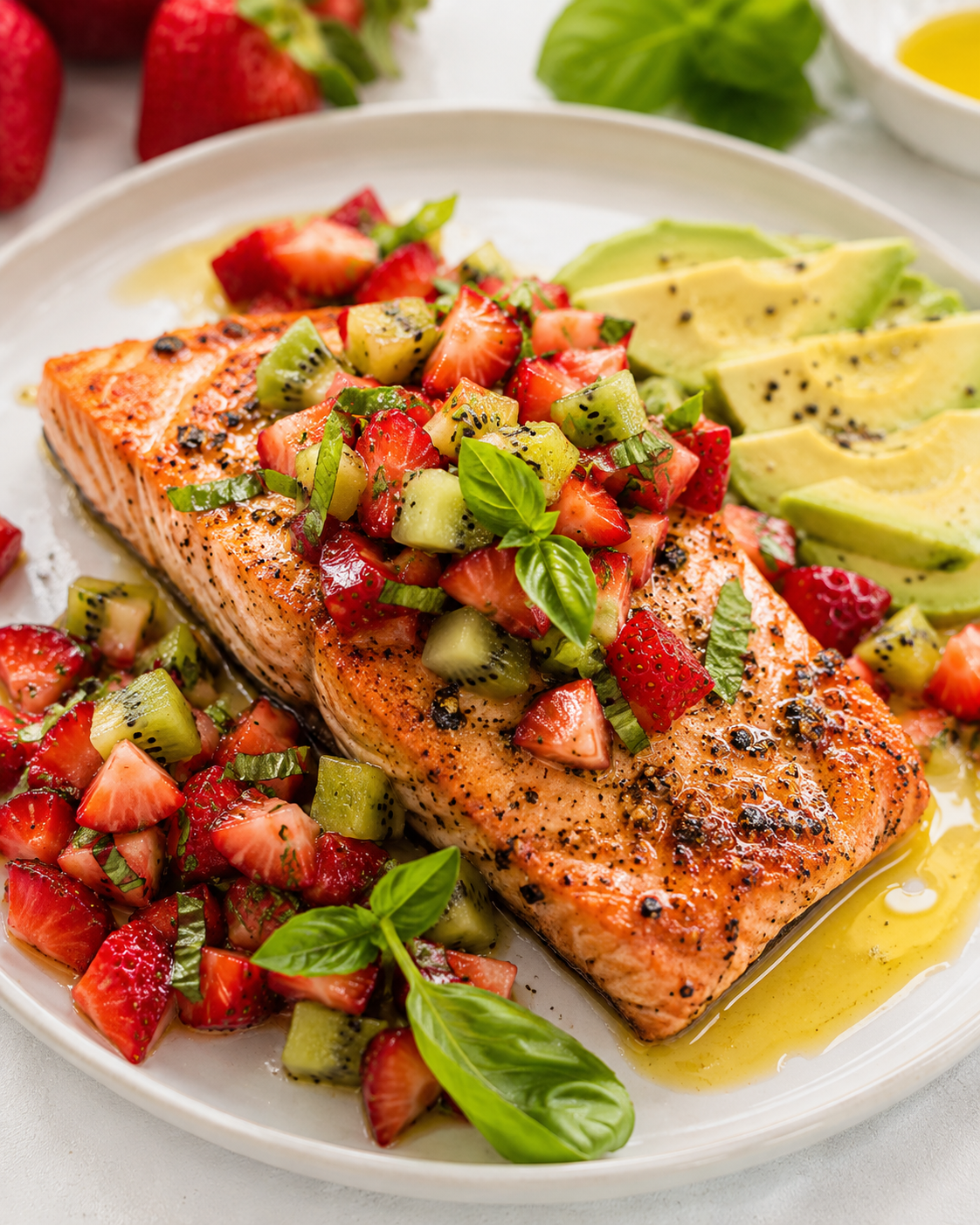 Lemon Olive Oil Salmon with Strawberry Kiwi Summer Salsa