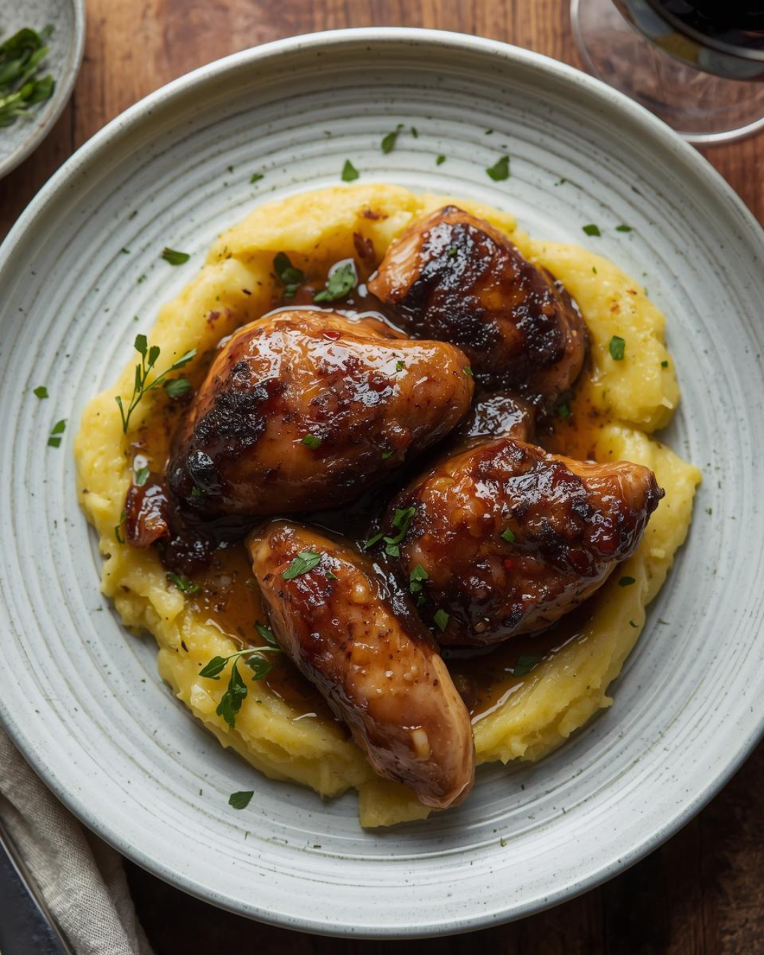 Dark Balsamic Braised Chicken with Olive Oil–Mashed Potatoes