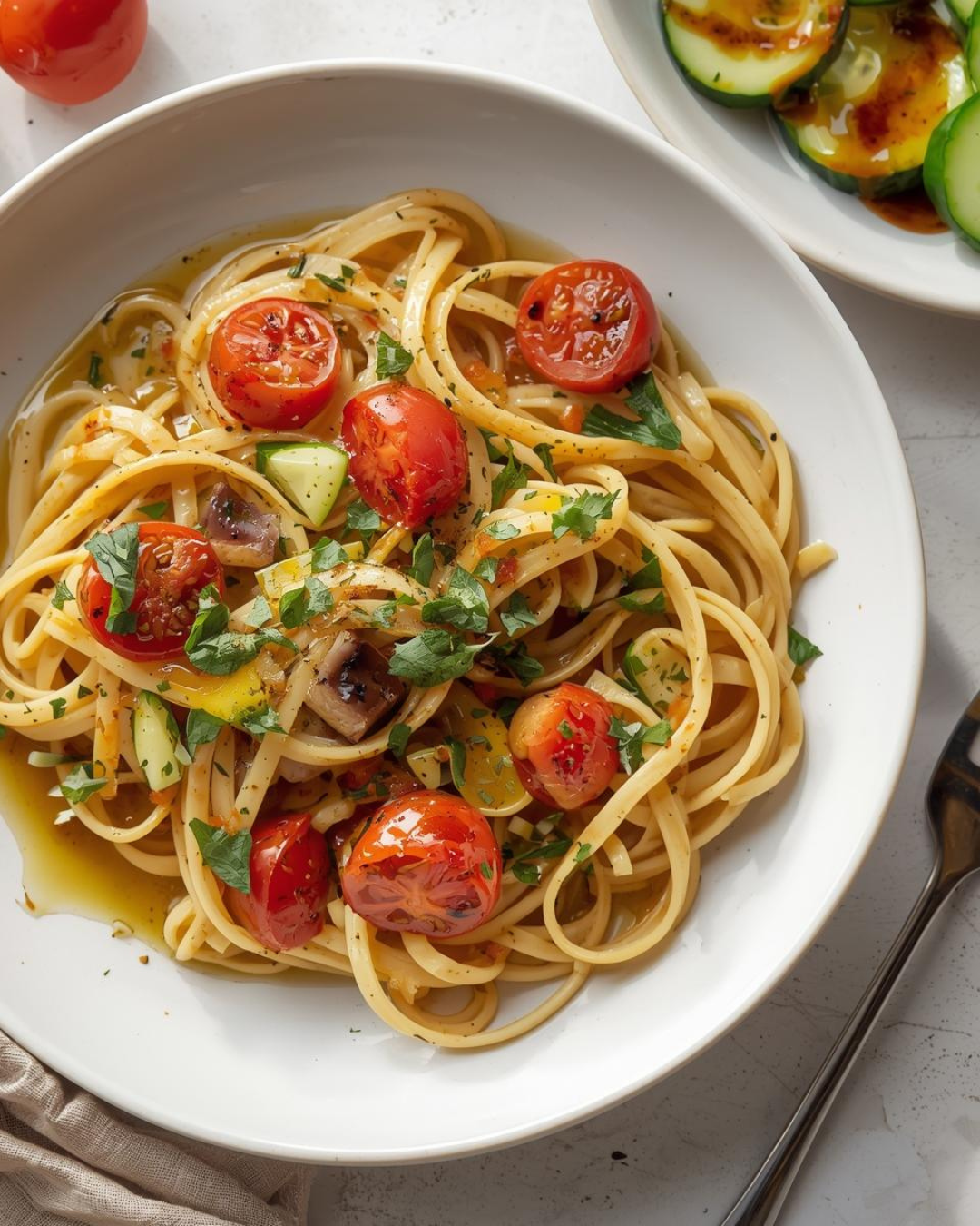 Garlic Olive Oil Pasta with Roasted Tomatoes & Cucumber Balsamic