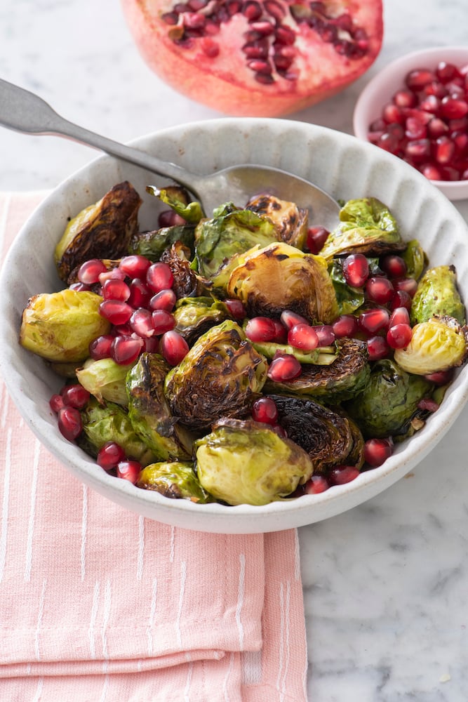 Cast Iron Brussels Sprouts with Pomegranate and Garlic