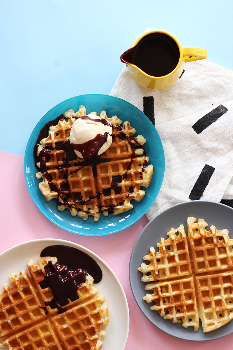 Olive Oil Waffles With Dark Chocolate Sauce
