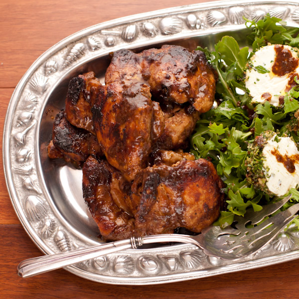 Fig-balsamic glazed chicken thighs, arugula salad with goat-cheese medallions